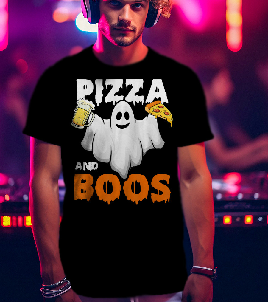 Pizza And Boos Ghost Holding Beer And Pizza Slice Halloween Funny Ghost Drinking Beer T-Shirt