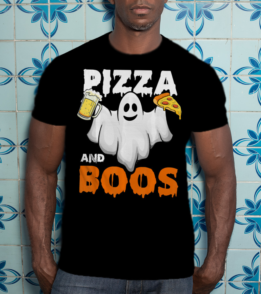 Pizza And Boos Ghost Holding Beer And Pizza Slice Halloween Funny Ghost Drinking Beer T-Shirt