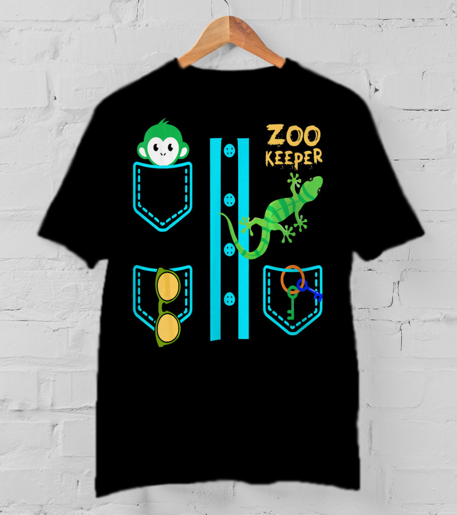 Zoo Keeper Costume Halloween Monkey Lizard Pockets Keys Glasses T-Shirt
