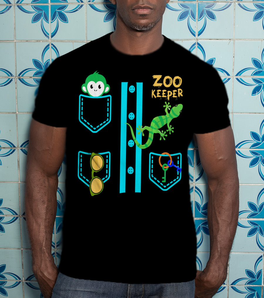Zoo Keeper Costume Halloween Monkey Lizard Pockets Keys Glasses T-Shirt