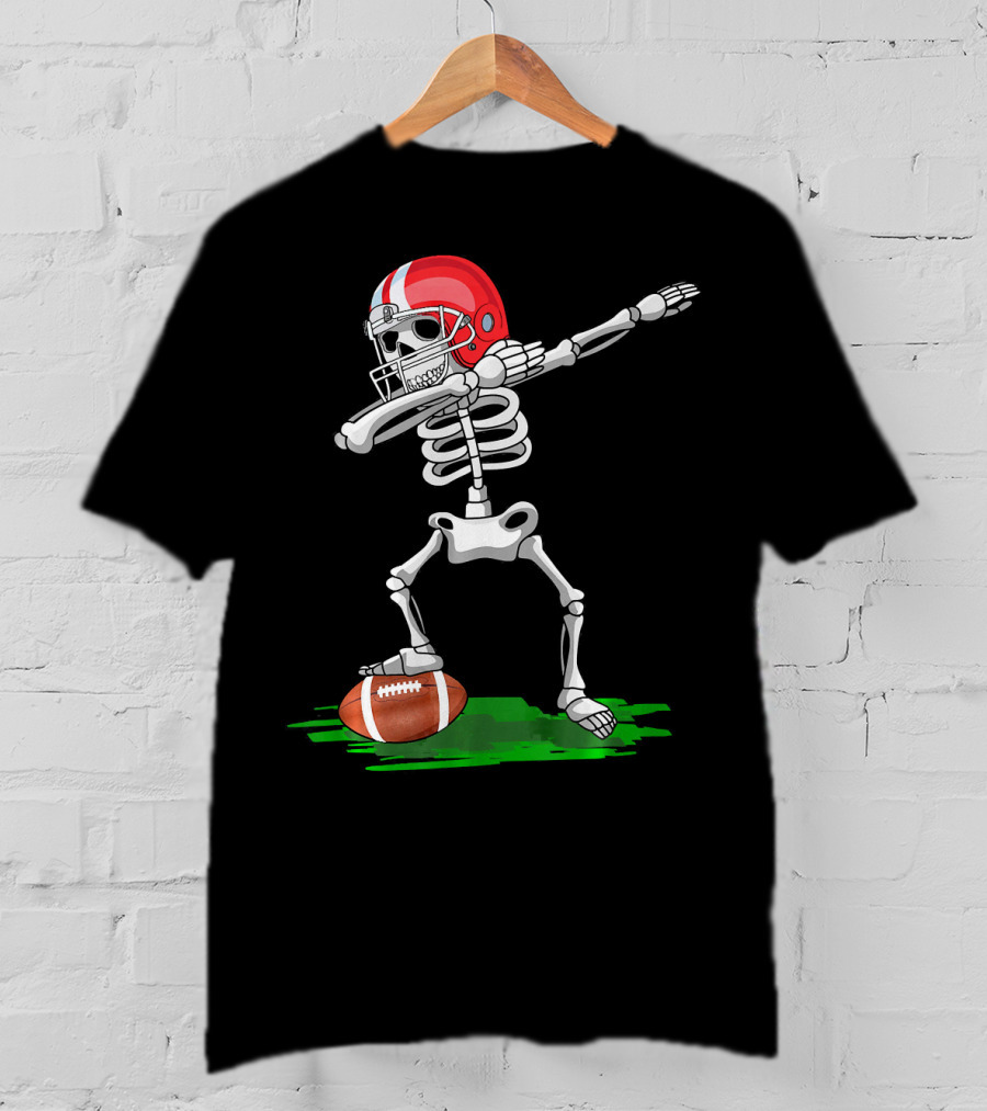 Dabbing Skeleton With Football And Red Helmet For Halloween T-Shirt
