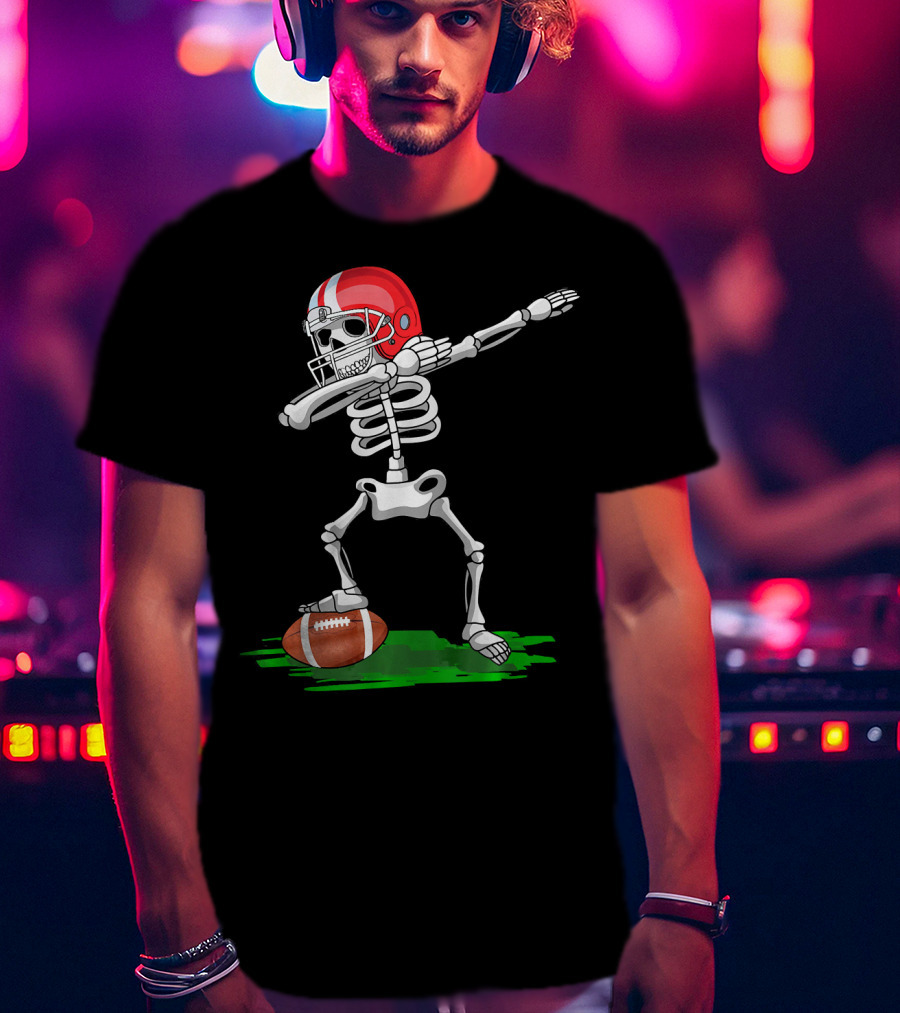 Dabbing Skeleton With Football And Red Helmet For Halloween T-Shirt