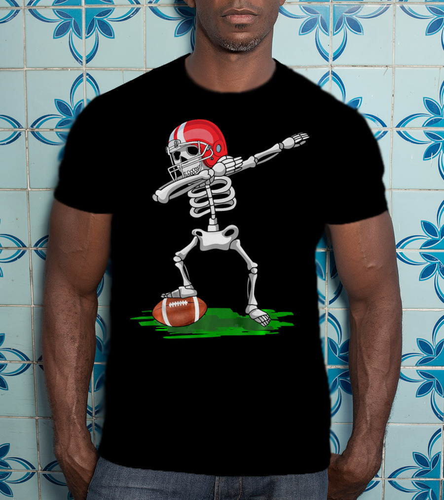 Dabbing Skeleton With Football And Red Helmet For Halloween T-Shirt