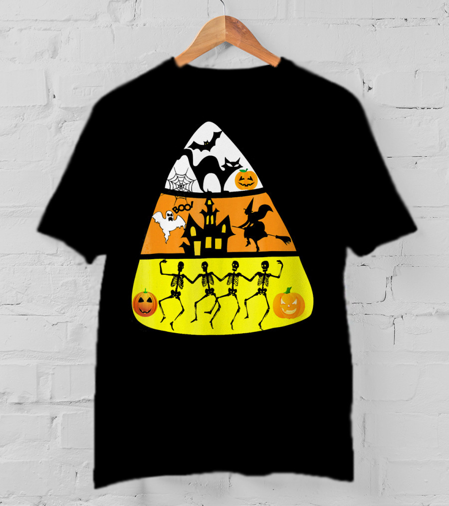 Candy Corn Halloween Scene Witch Skeletons Pumpkins Ghost Bats Haunted House Boo T-Shirt