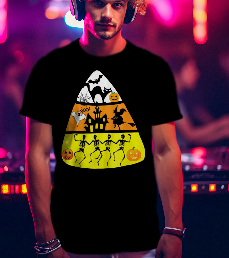 Candy Corn Halloween Scene Witch Skeletons Pumpkins Ghost Bats Haunted House Boo T-Shirt