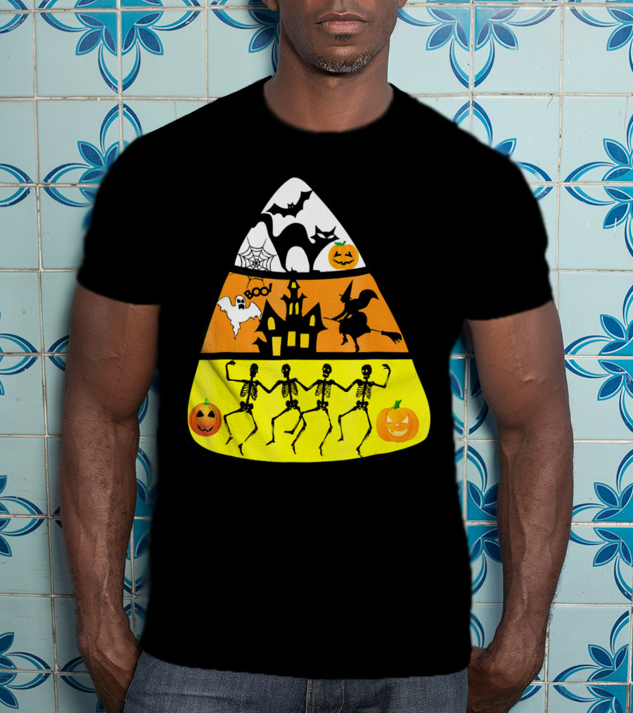 Candy Corn Halloween Scene Witch Skeletons Pumpkins Ghost Bats Haunted House Boo T-Shirt