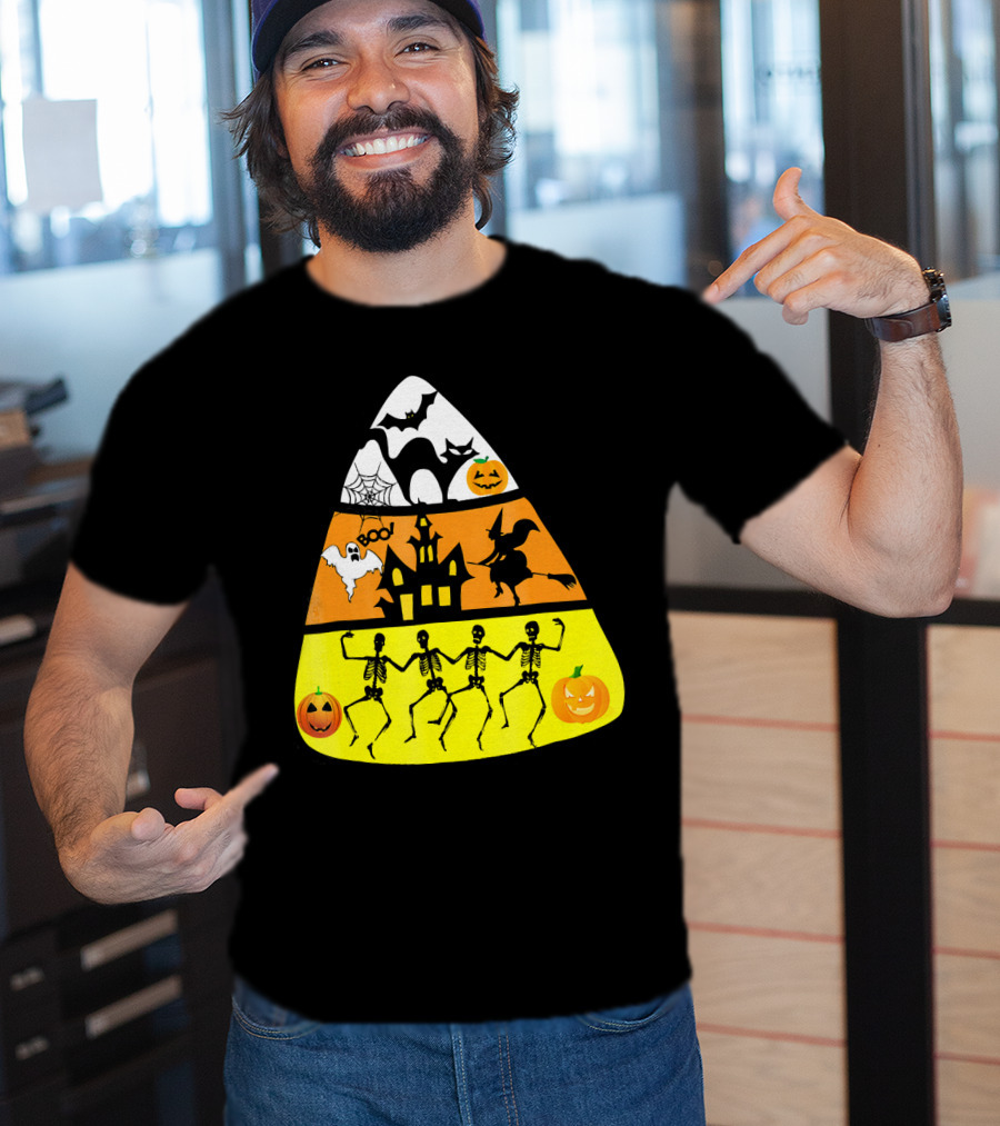 Candy Corn Halloween Scene Witch Skeletons Pumpkins Ghost Bats Haunted House Boo T-Shirt