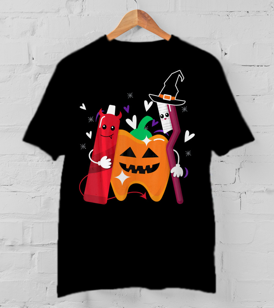 Happy Halloween Costume Toothbrush Tooth With Pumpkin And Toothpaste Characters T-Shirt