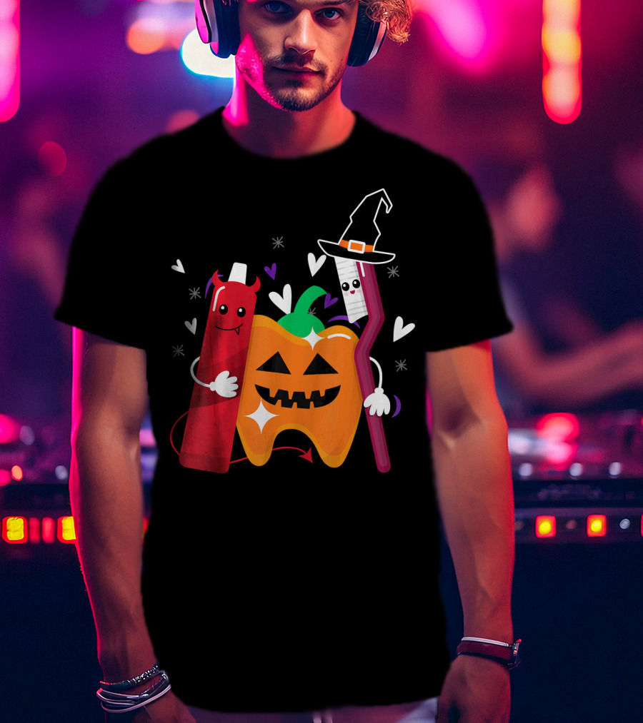 Happy Halloween Costume Toothbrush Tooth With Pumpkin And Toothpaste Characters T-Shirt