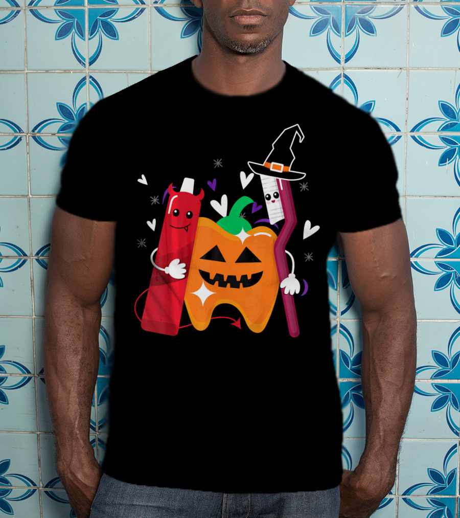 Happy Halloween Costume Toothbrush Tooth With Pumpkin And Toothpaste Characters T-Shirt