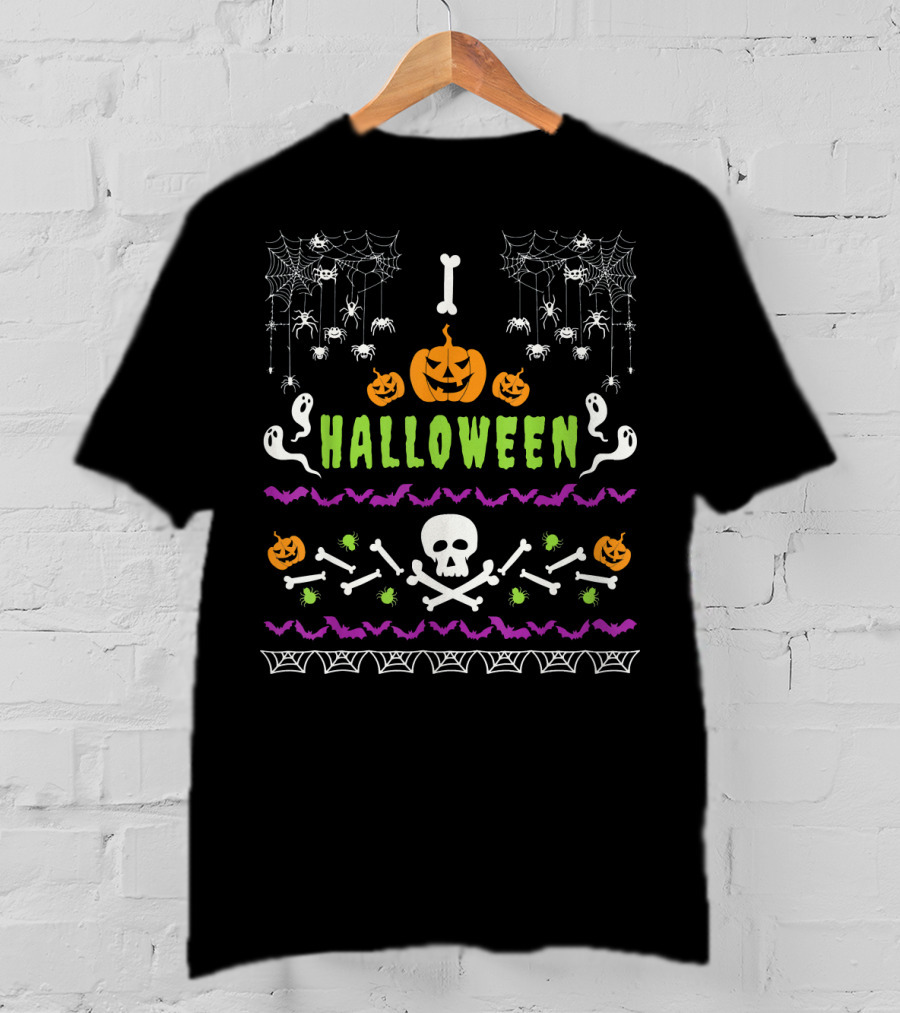 Halloween Lover Ugly Holiday Spooky Pumpkins Ghosts Skulls Bats Spiders Webs T-Shirt