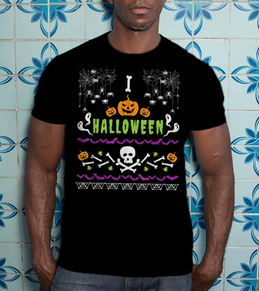 Halloween Lover Ugly Holiday Spooky Pumpkins Ghosts Skulls Bats Spiders Webs T-Shirt