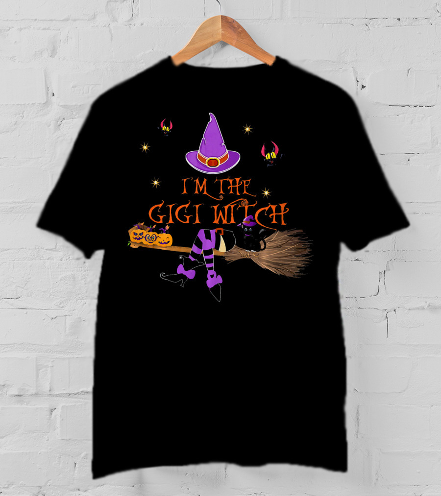 I'm The Gigi Witch Halloween Purple Hat Cat Broomstick Stars T-Shirt