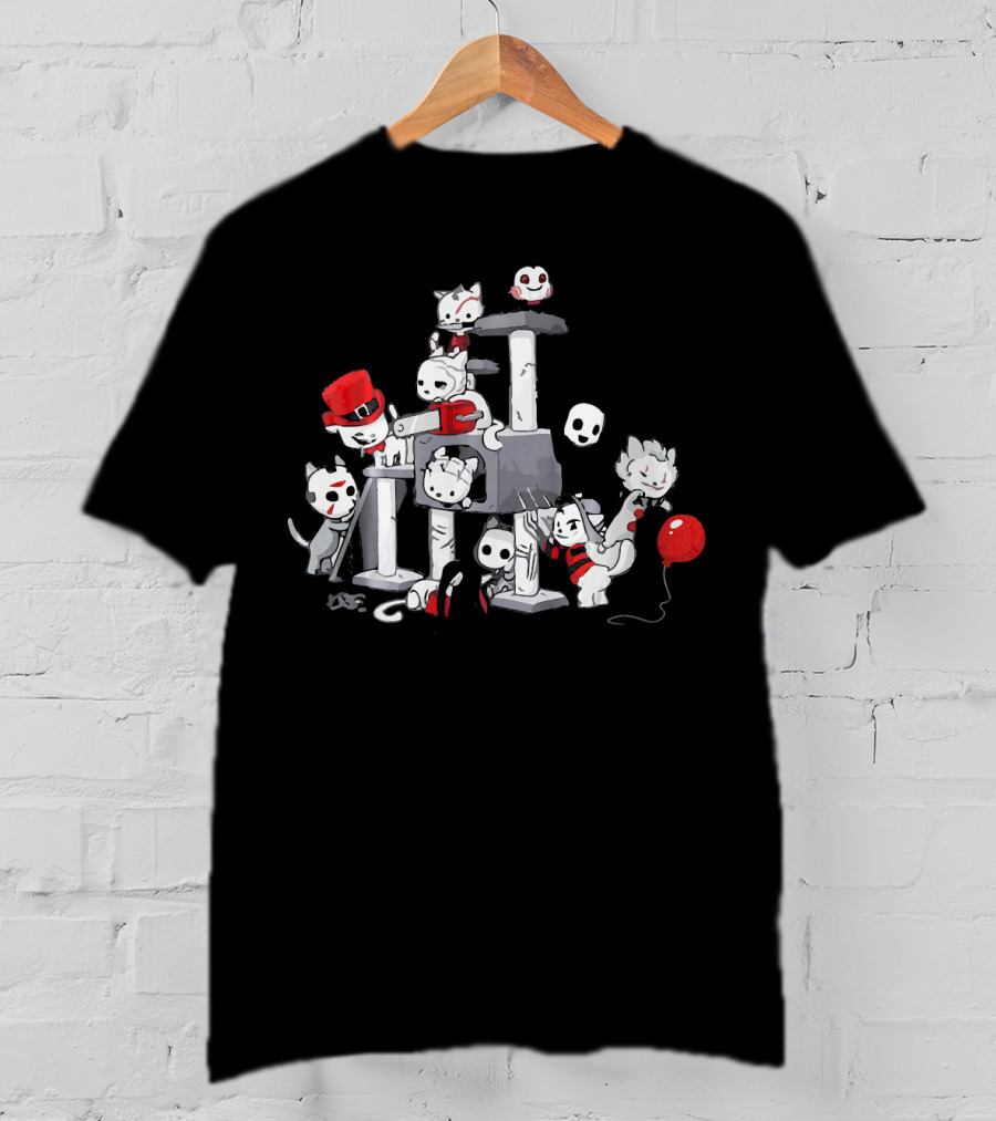 I Love Cats Horror Kitties Climbing Tower With Skull Mask Red Balloon And Top Hat T-Shirt