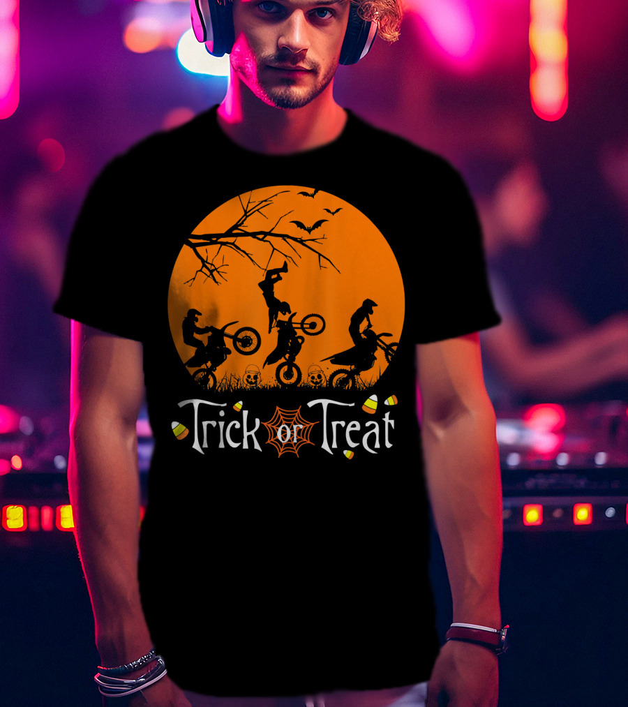 Motocross Halloween Trick Or Treat Moon Scene T-Shirt