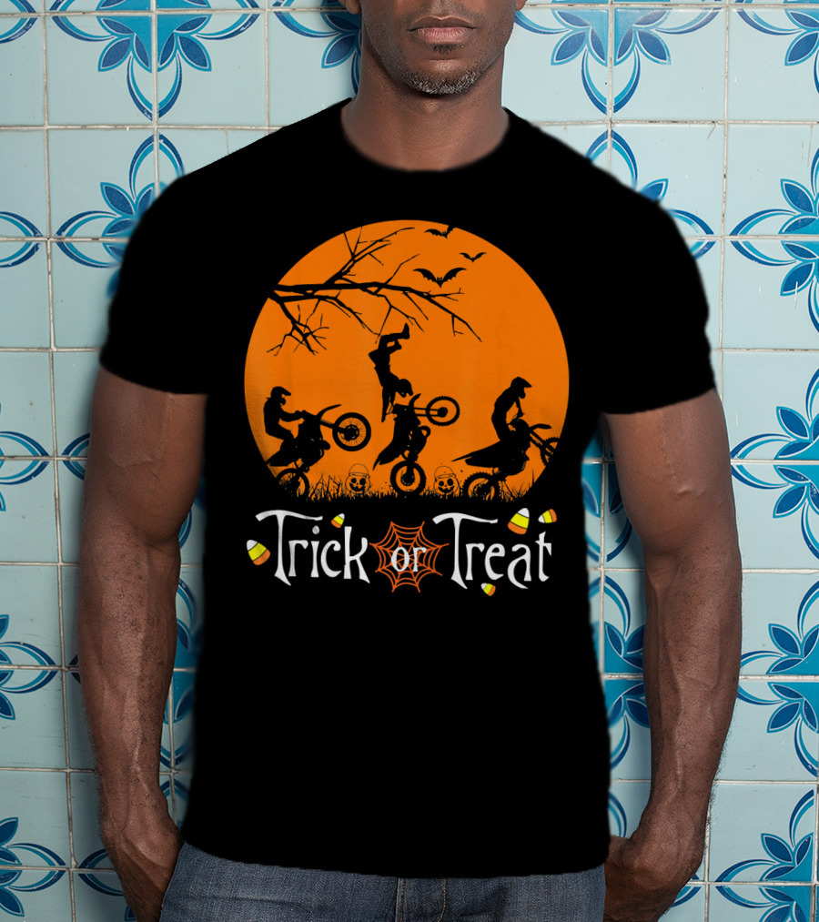 Motocross Halloween Trick Or Treat Moon Scene T-Shirt
