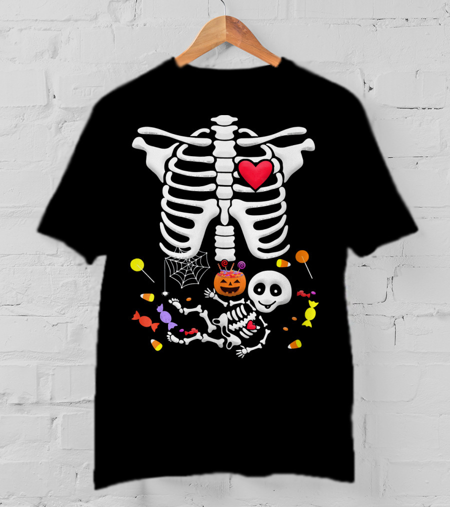 Pregnant Skeleton Heart Candy Pumpkin Halloween T-Shirt