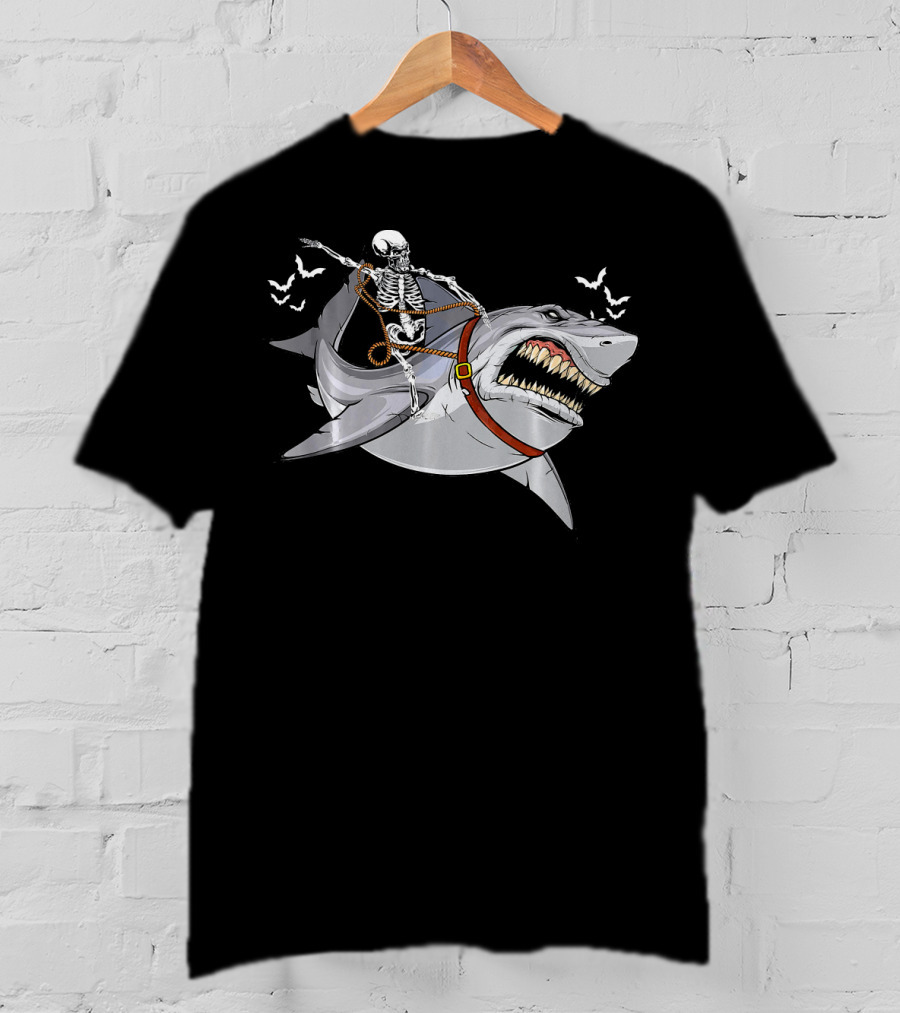 Skeleton Cowboy Riding Giant Shark With Bats T-Shirt