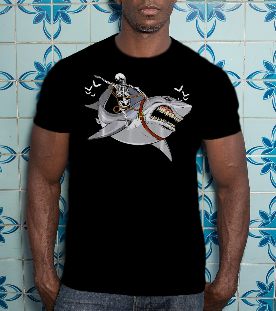 Skeleton Cowboy Riding Giant Shark With Bats T-Shirt