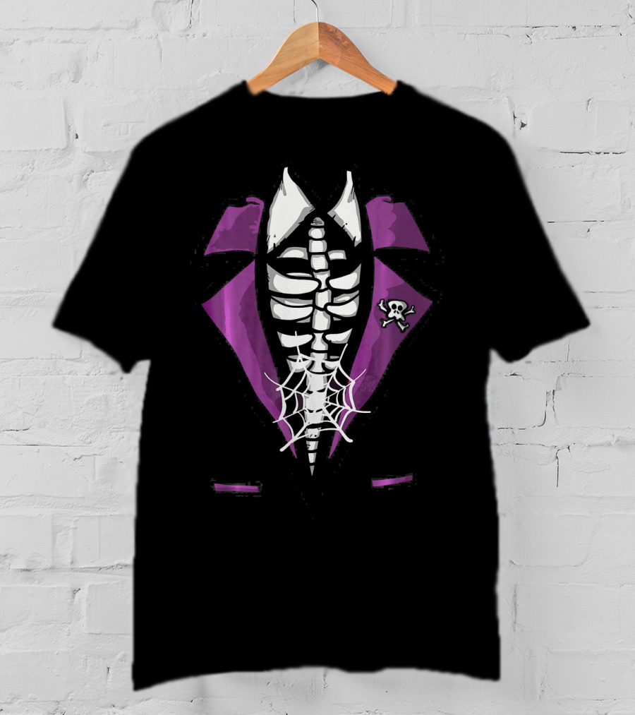 Halloween Skeleton Tuxedo Scary Rib Cage With Spider Web And Skull Brooch T-Shirt