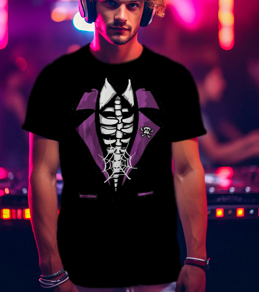 Halloween Skeleton Tuxedo Scary Rib Cage With Spider Web And Skull Brooch T-Shirt