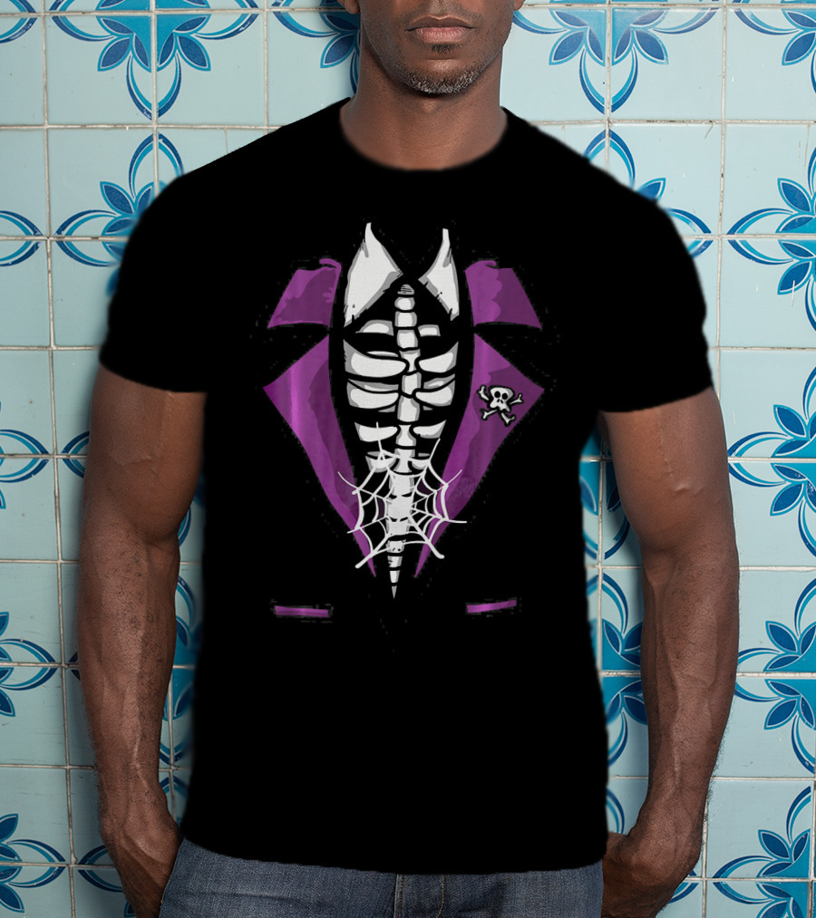 Halloween Skeleton Tuxedo Scary Rib Cage With Spider Web And Skull Brooch T-Shirt