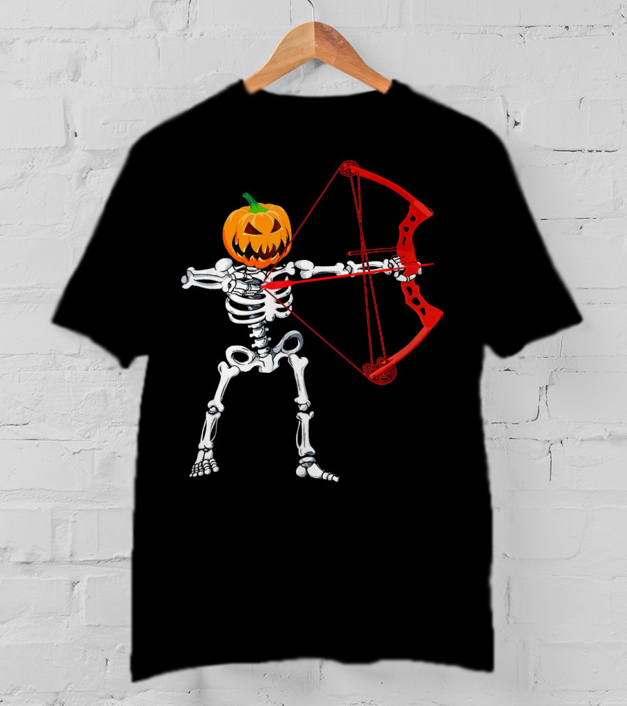 Skeleton Pumpkin Head With Red Bow Archery Halloween T-Shirt