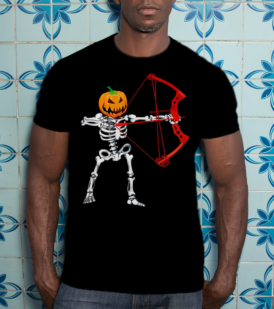Skeleton Pumpkin Head With Red Bow Archery Halloween T-Shirt