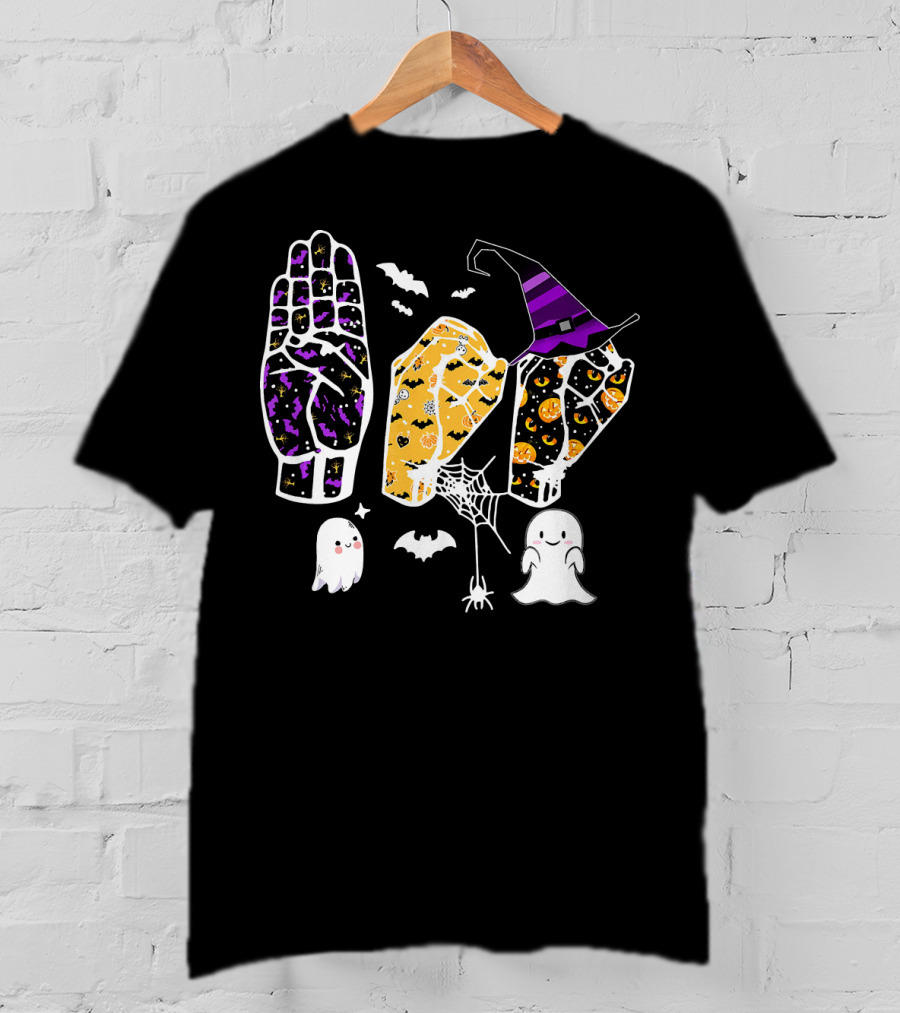 Sign Language Boo Halloween Witch Hat Ghosts T-Shirt