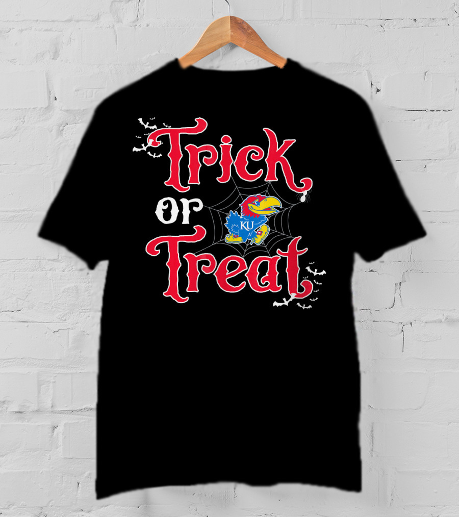 Kansas Jayhawks Trick Or Treat Halloween KU Logo Spiderweb Bats T-Shirt