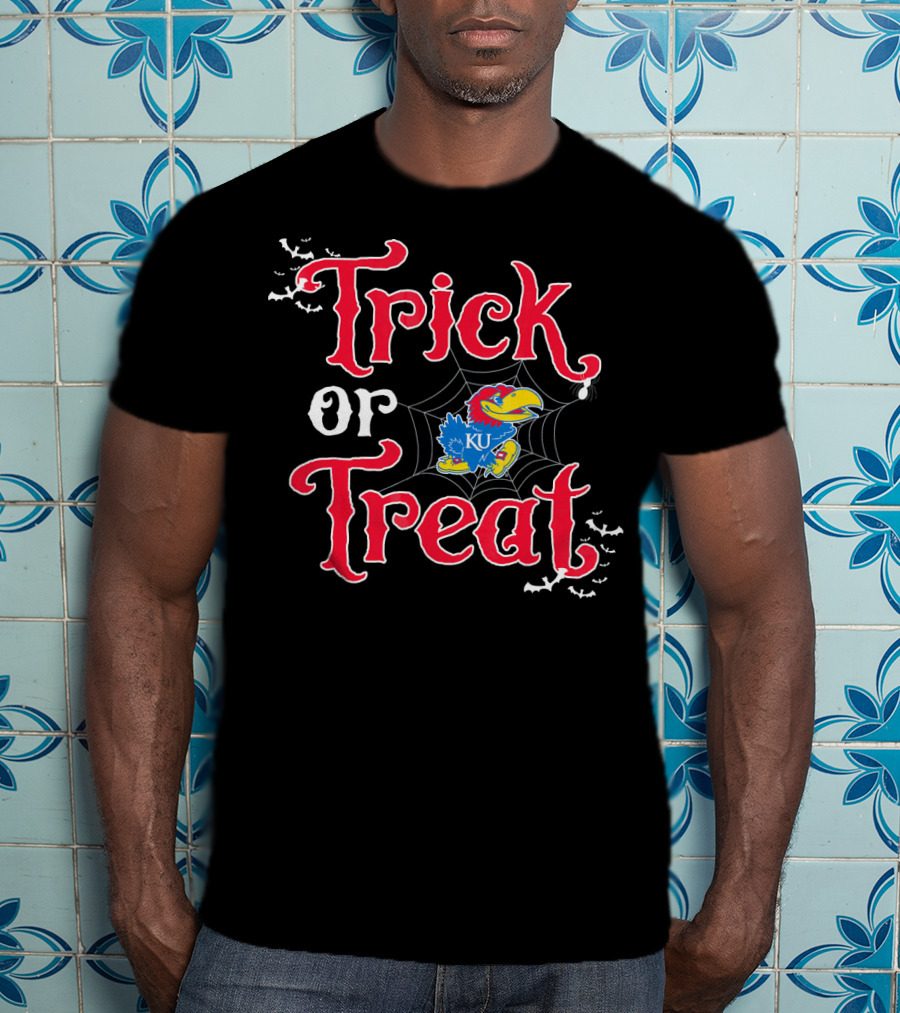 Kansas Jayhawks Trick Or Treat Halloween KU Logo Spiderweb Bats T-Shirt
