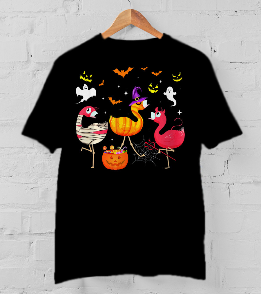 Flamingo Happy Halloween Ghosts And Pumpkins T-Shirt