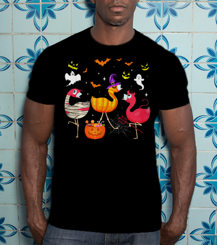 Flamingo Happy Halloween Ghosts And Pumpkins T-Shirt