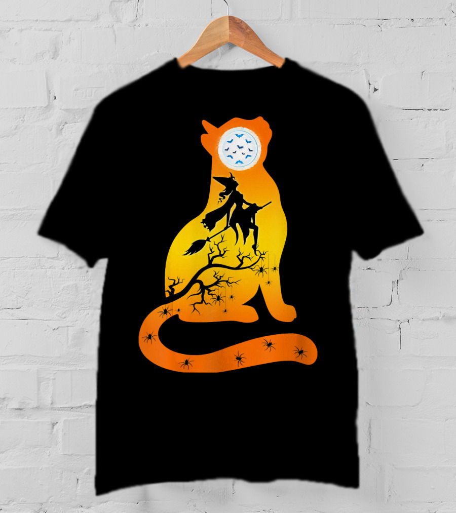 Funny Cat Witch Flying Under Bat Moon With Spooky Webs T-Shirt