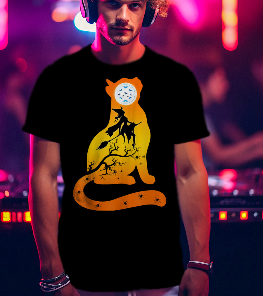 Funny Cat Witch Flying Under Bat Moon With Spooky Webs T-Shirt