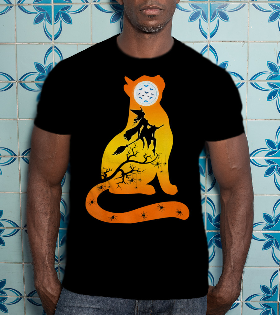Funny Cat Witch Flying Under Bat Moon With Spooky Webs T-Shirt