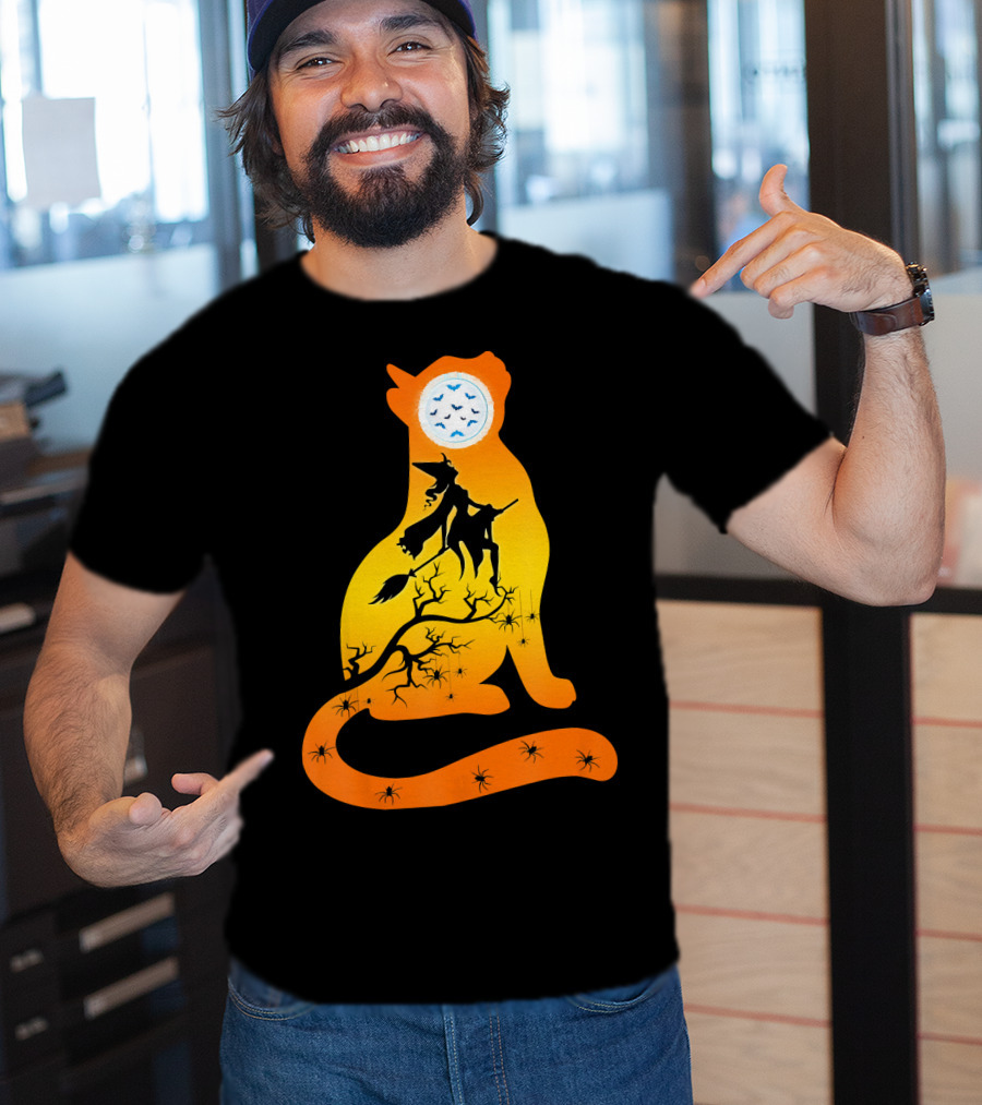 Funny Cat Witch Flying Under Bat Moon With Spooky Webs T-Shirt
