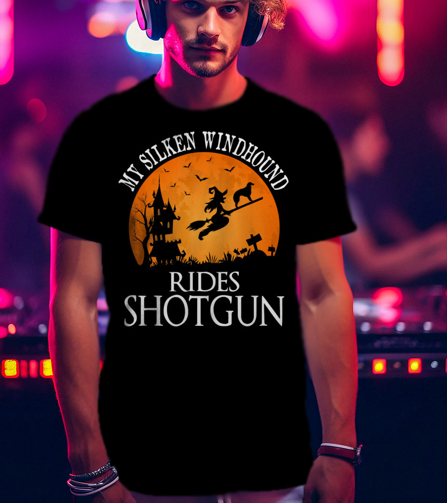 My Silken Windhound Rides Shotgun Halloween Witch Dog Moon Graveyard Scene T-Shirt