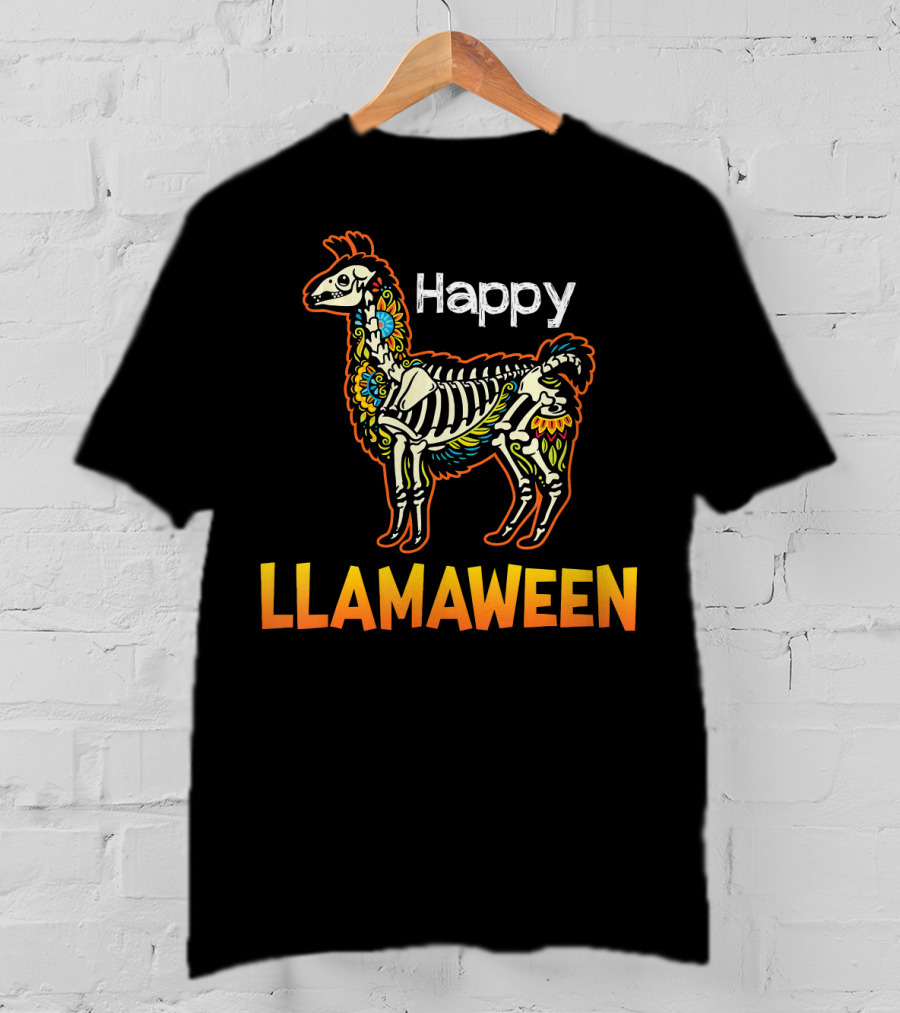 Happy Llamaween Funny Llama Skeleton Halloween T-Shirt