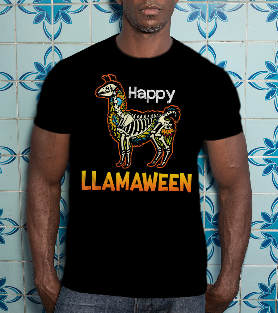 Happy Llamaween Funny Llama Skeleton Halloween T-Shirt