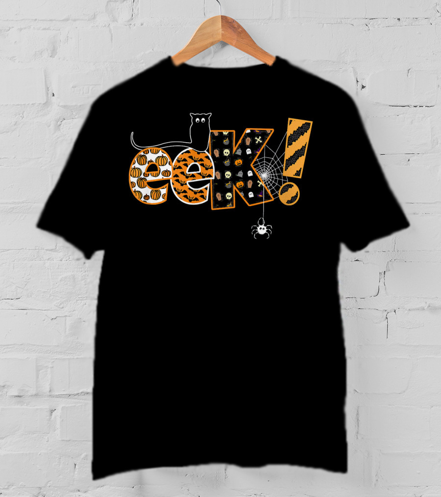 Boo EEK Halloween Funny Cat With Spider Web And Pumpkin T-Shirt