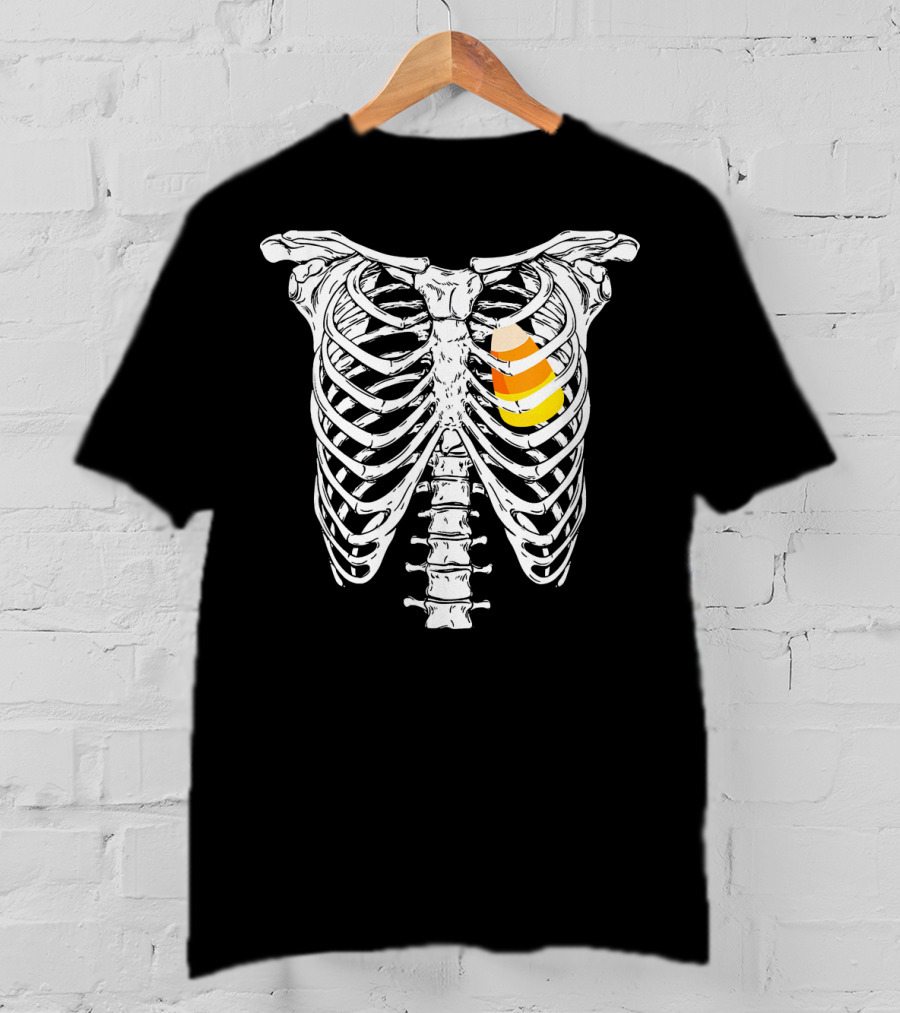 Candy Corn Inside Skeleton Ribs Halloween Humor T-Shirt