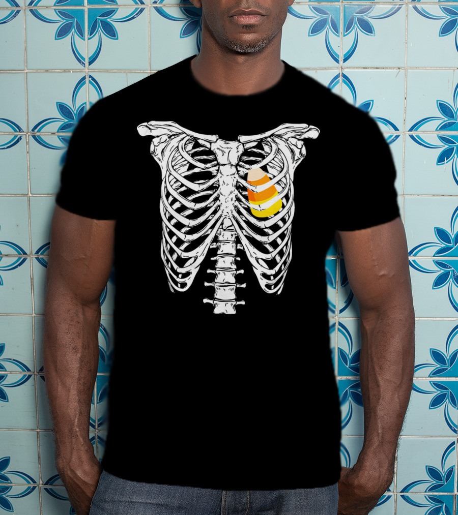 Candy Corn Inside Skeleton Ribs Halloween Humor T-Shirt