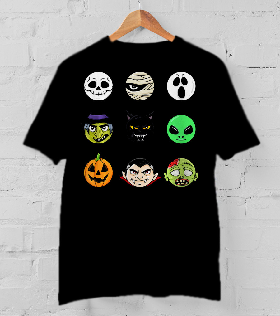 Scary Faces Halloween Emoji Emoji Icons Vampire Mummy Alien Ghost Pumpkin Monster Cat Witch T-Shirt