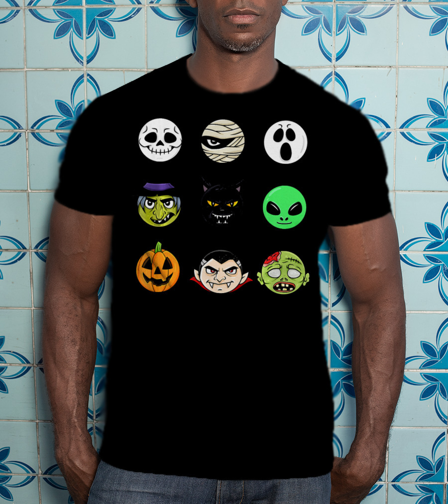 Scary Faces Halloween Emoji Emoji Icons Vampire Mummy Alien Ghost Pumpkin Monster Cat Witch T-Shirt
