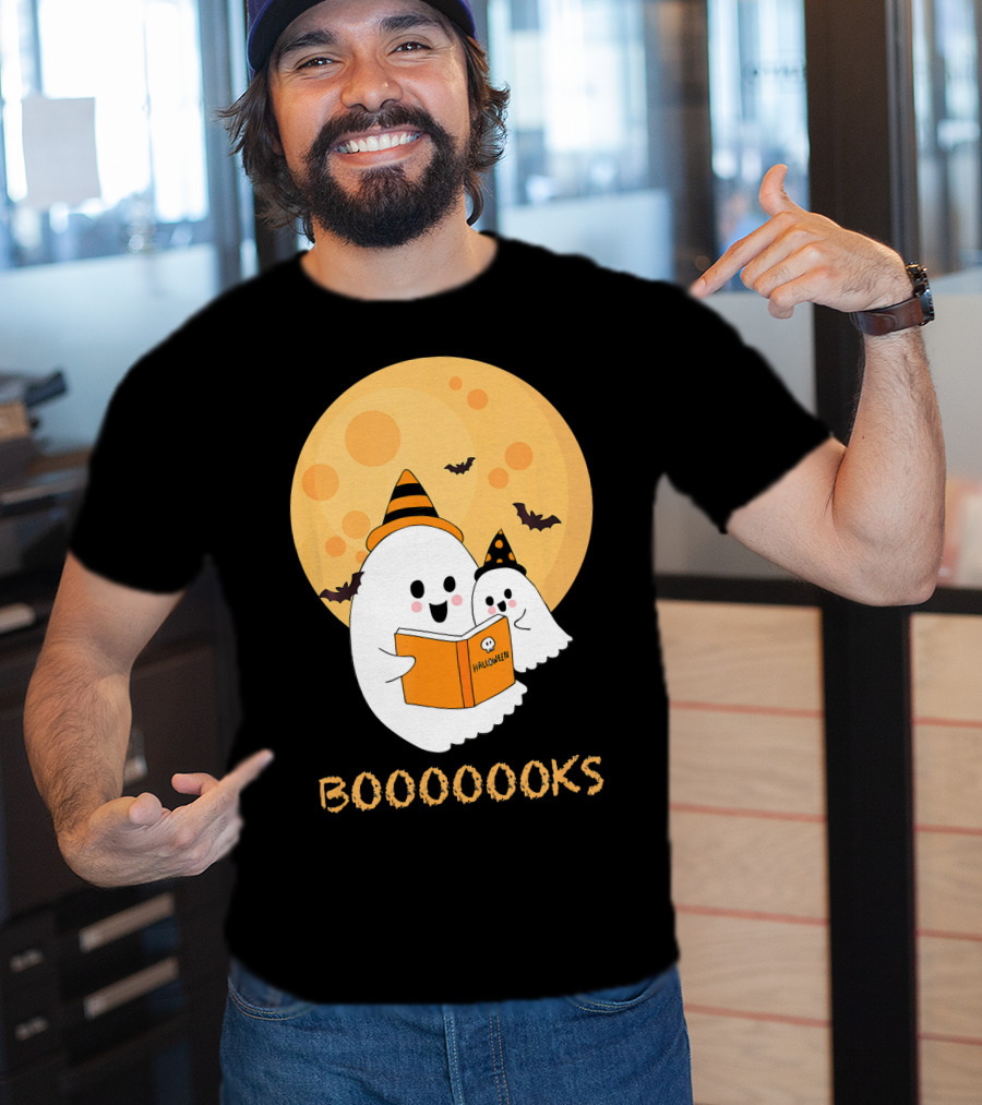 Halloween Ghosts Reading Boooooks Under Full Moon T-Shirt