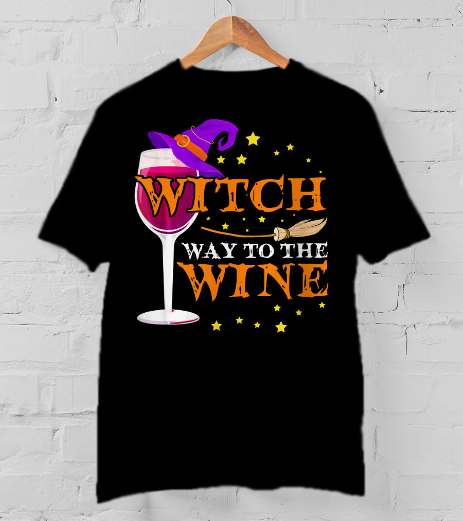 Witch Way To The Wine Halloween Wizard Hat Broomstick Stars T-Shirt