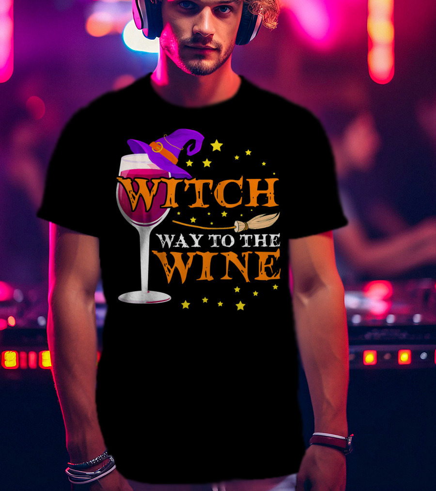 Witch Way To The Wine Halloween Wizard Hat Broomstick Stars T-Shirt