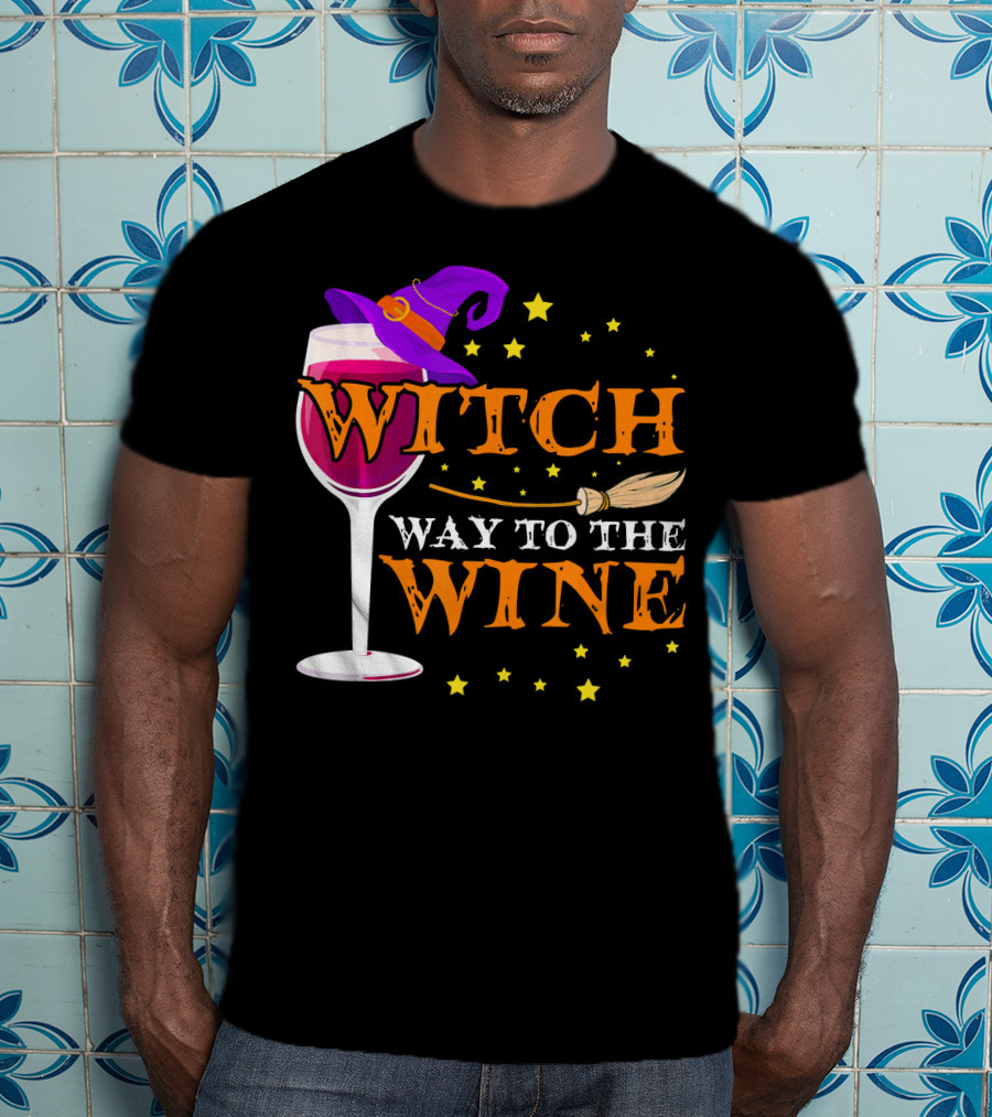 Witch Way To The Wine Halloween Wizard Hat Broomstick Stars T-Shirt