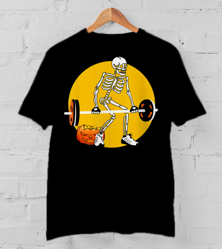 Skeleton Weightlifting With Pumpkin In Yellow Circle T-Shirt